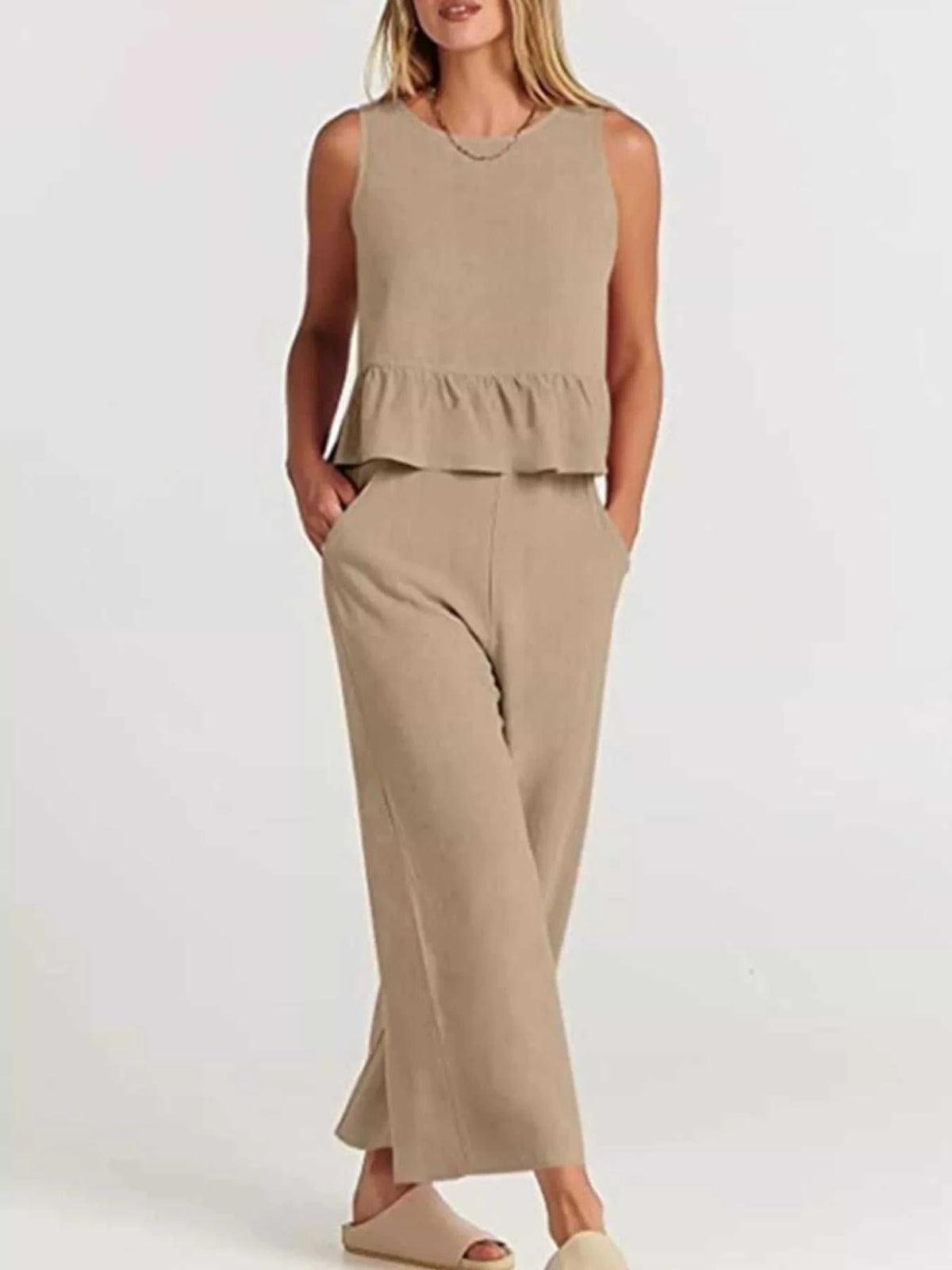 Full Size Ruffled Hem Sleeveless Top and Wide-Leg Pants Set Plus Size 100100048319818 31 Affordable Fashion Under $100 Jerry's Apparel 