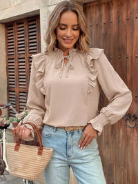 Ruffled Tie Neck Long Sleeve Blouse 100100259171862 36 Jerry's Apparel 