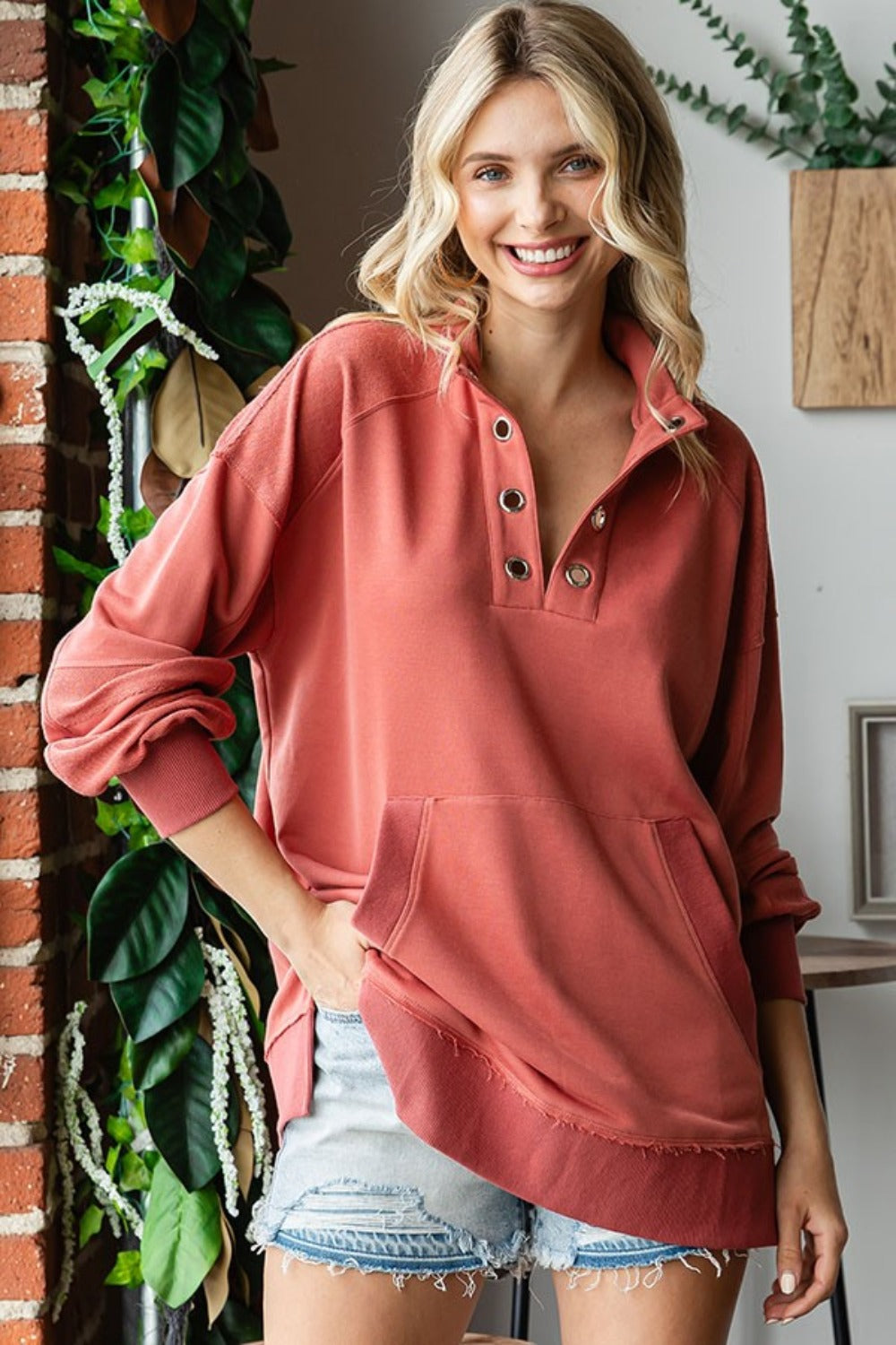 First Love Grommet Split Neck Kangaroo Pocket Sweatshirt