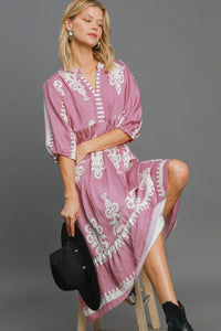 Umgee Printed Notched Midi Dress