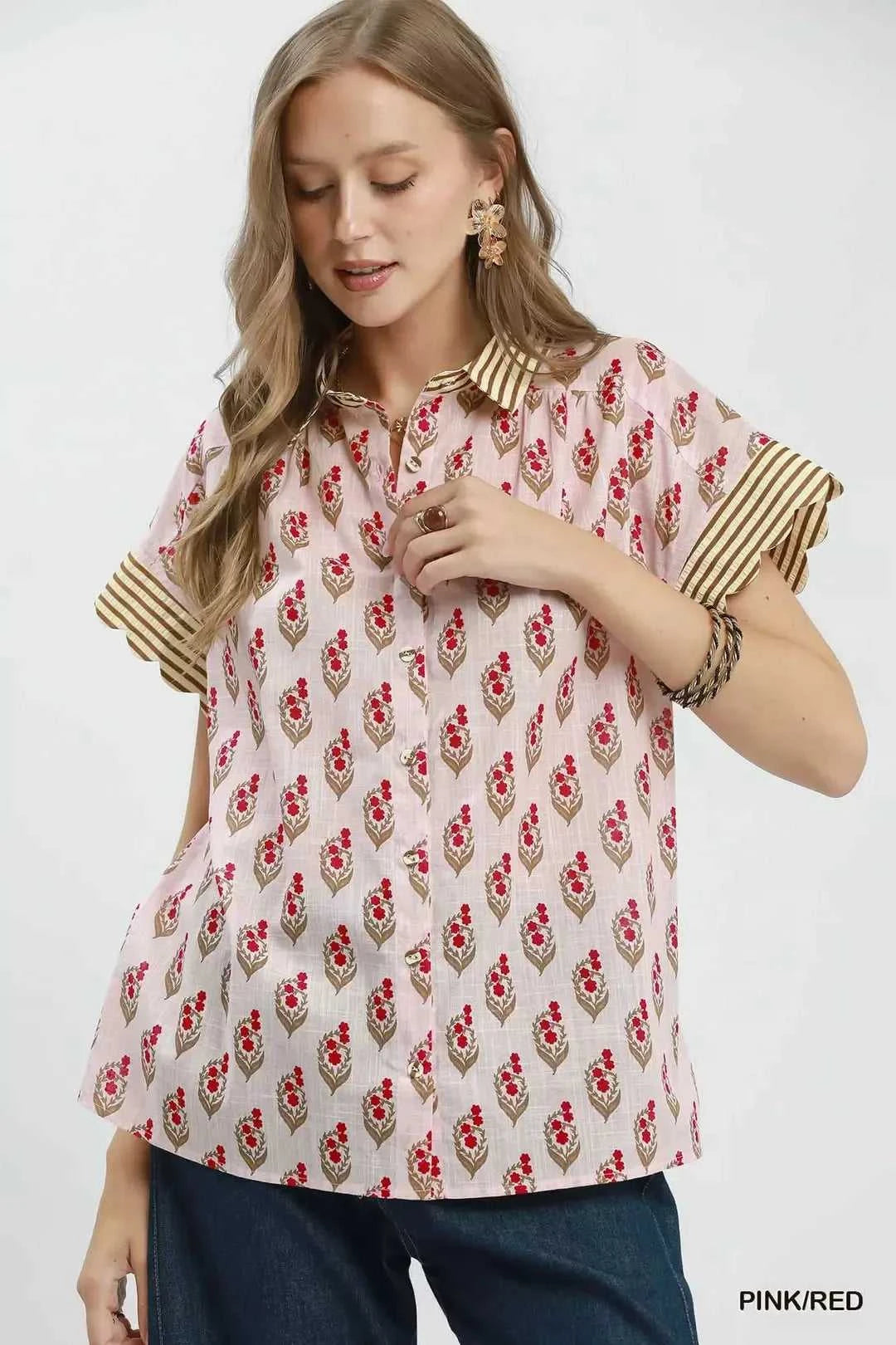 Umgee Block Print Button-Front Shirt with Contrast Stripe Point Collar 100100523571151 47 Affordable Fashion Under $100 Jerry's Apparel 