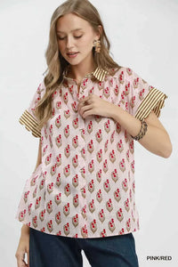 Umgee Block Print Button-Front Shirt with Contrast Stripe Point Collar 100100523571151 47 Affordable Fashion Under $100 Jerry's Apparel 