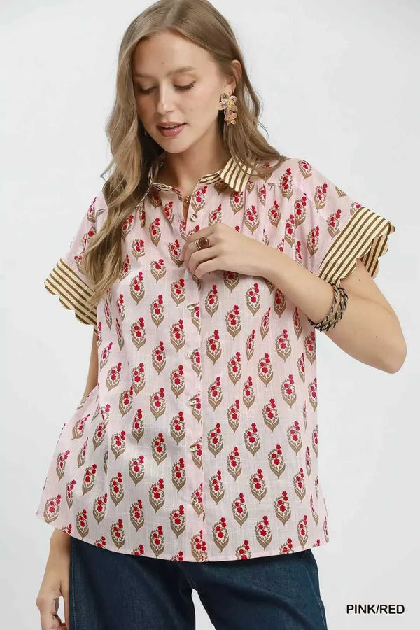 Umgee Block Print Button-Front Shirt with Contrast Stripe Point Collar 100100523571151 47 Affordable Fashion Under $100 Jerry's Apparel 