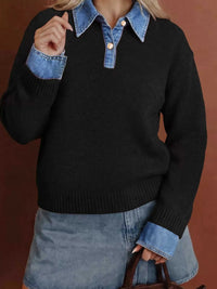 Denim Patchwork Collar Cuffed Casual Sweater 101002510428172 77 Women's Sweaters and Knitwear Jerry's Apparel 
