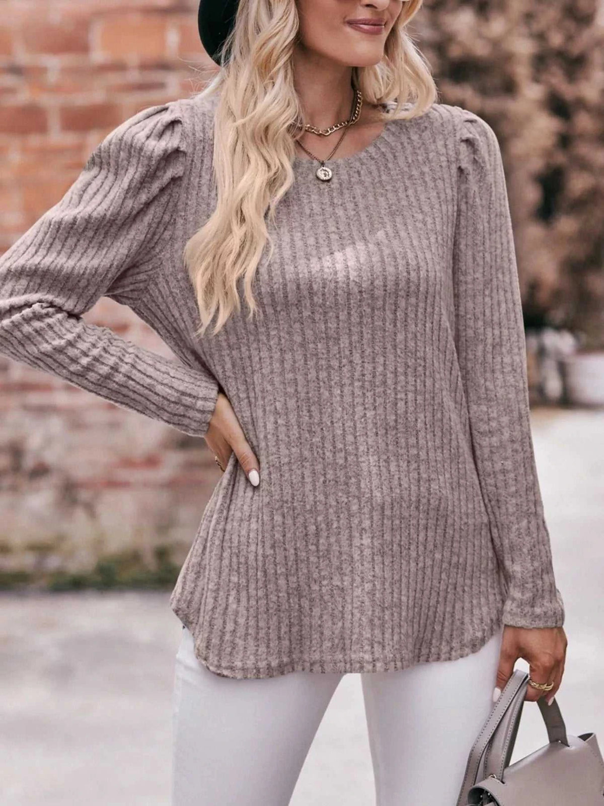 Ribbed Knit Puff Sleeve T-Shirt 100100962471478 28 Affordable Fashion Under $100 Jerry's Apparel 