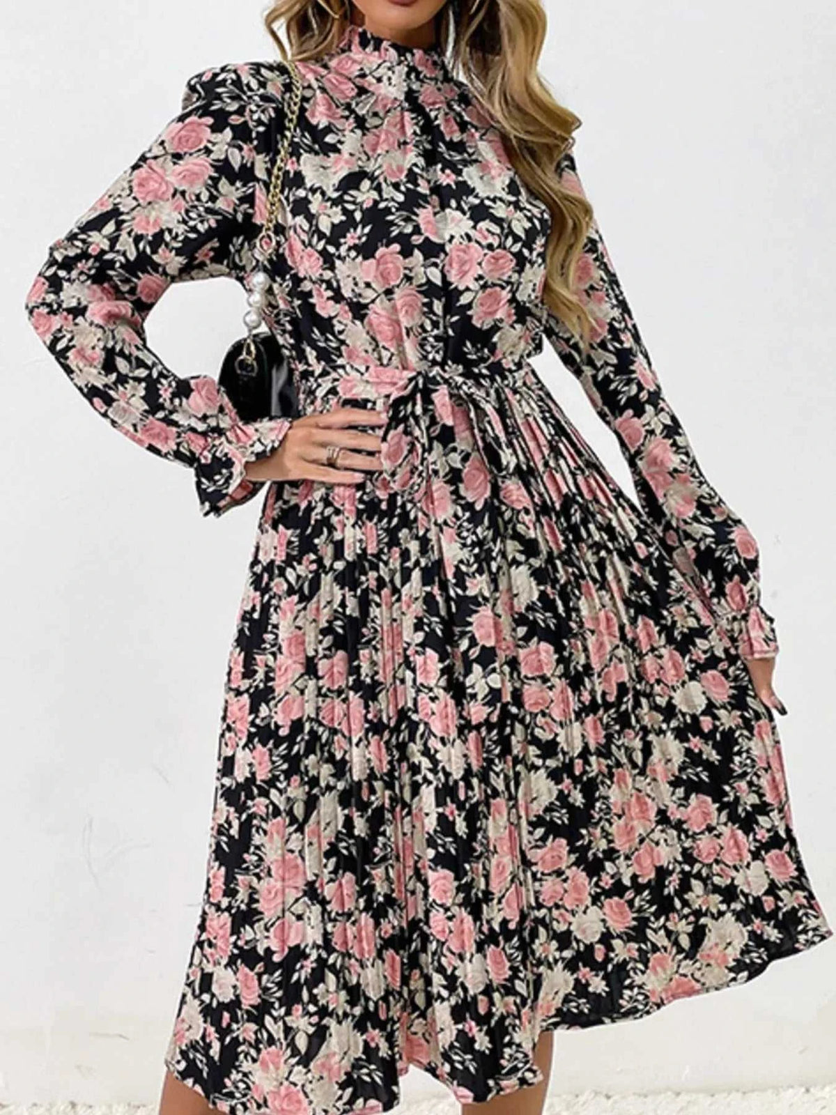 Floral Print Long Sleeve Pleated Midi Dress 100100269493915 46 Women's Midi Dress Affordable Boutique Dresses Under $50 Jerry's Apparel 