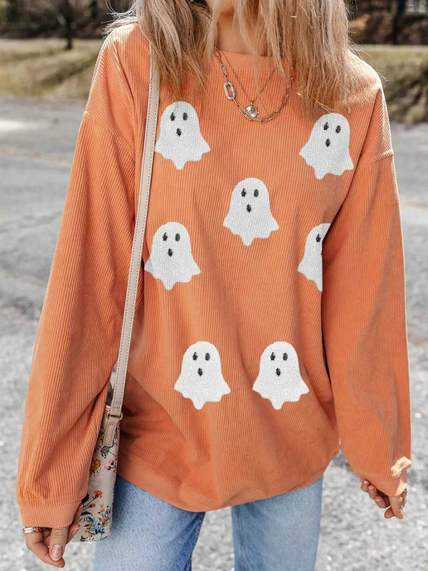 Halloween Ghost Sequin Patched Twisted Ribbed Texture Sweatshirt 100100920627528 46 Affordable Fashion Under $100 Jerry's Apparel 