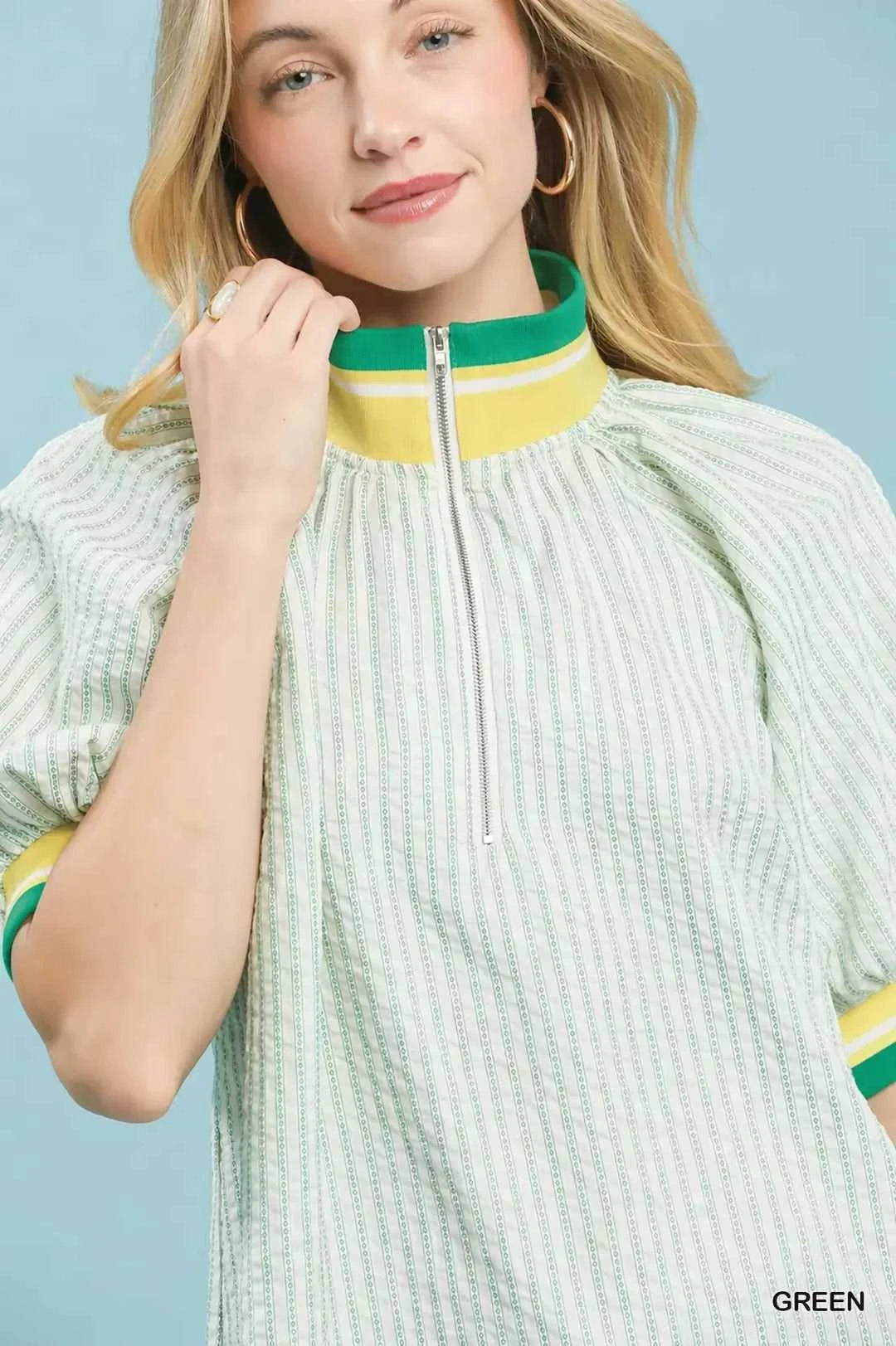 Umgee Botanical Print Puff Short Sleeve Blouse with Contrast Collar 100100283631964 55 Affordable Fashion Under $100 Jerry's Apparel 
