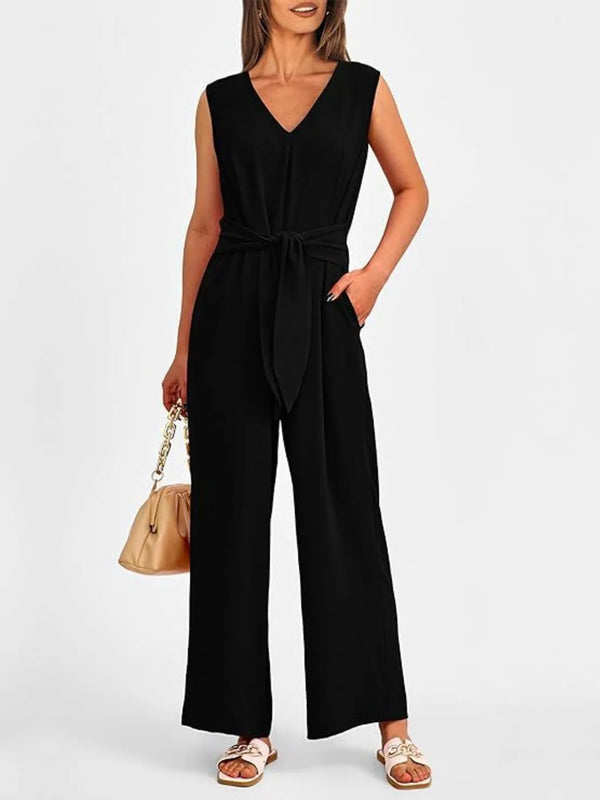 V-Neck Sleeveless Wide-Leg Jumpsuit with Waist Tie