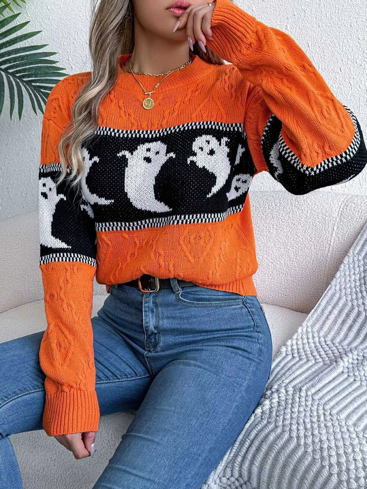 Halloween Ghost Pattern Textured Sweater 101002208811707 37 Affordable Fashion Under $100 Jerry's Apparel 