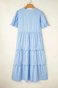Stripe Bubble Short Sleeve Tiered Scallop Midi Dress