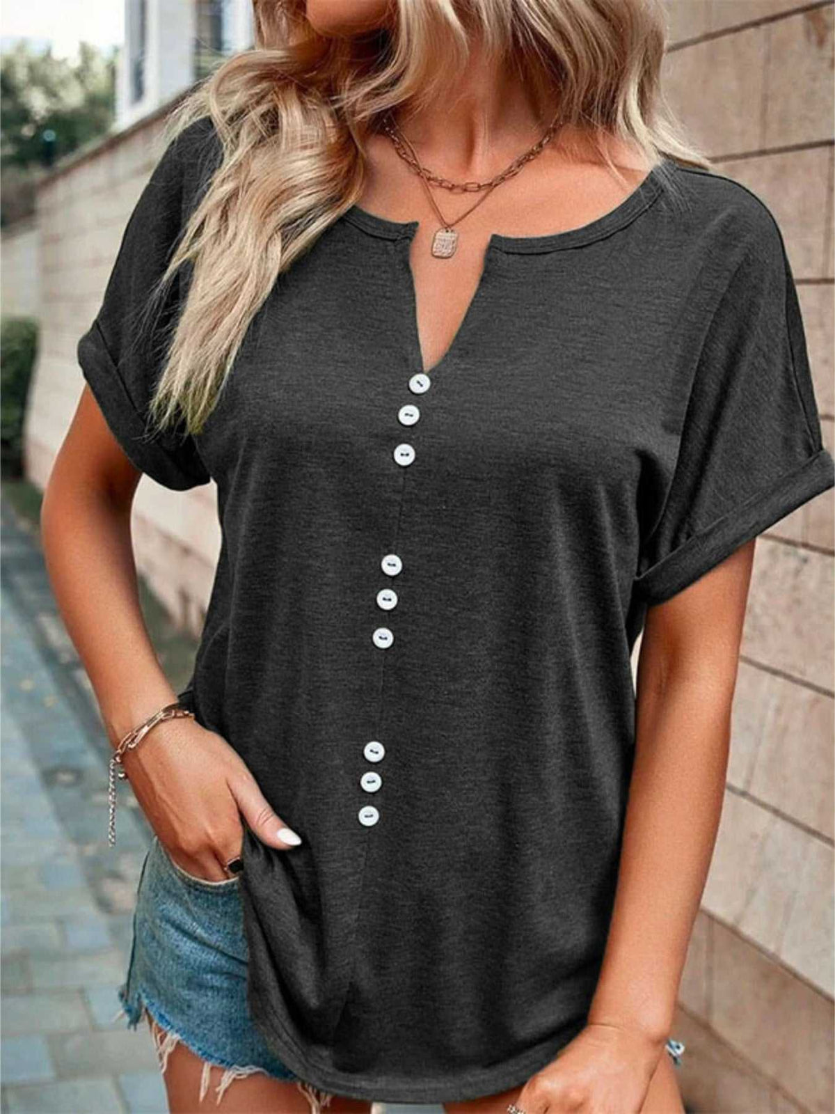 Full Size Decor Button Short Sleeve T-Shirt Plus Size 100100492662512 24 Affordable Fashion Under $100 Jerry's Apparel 
