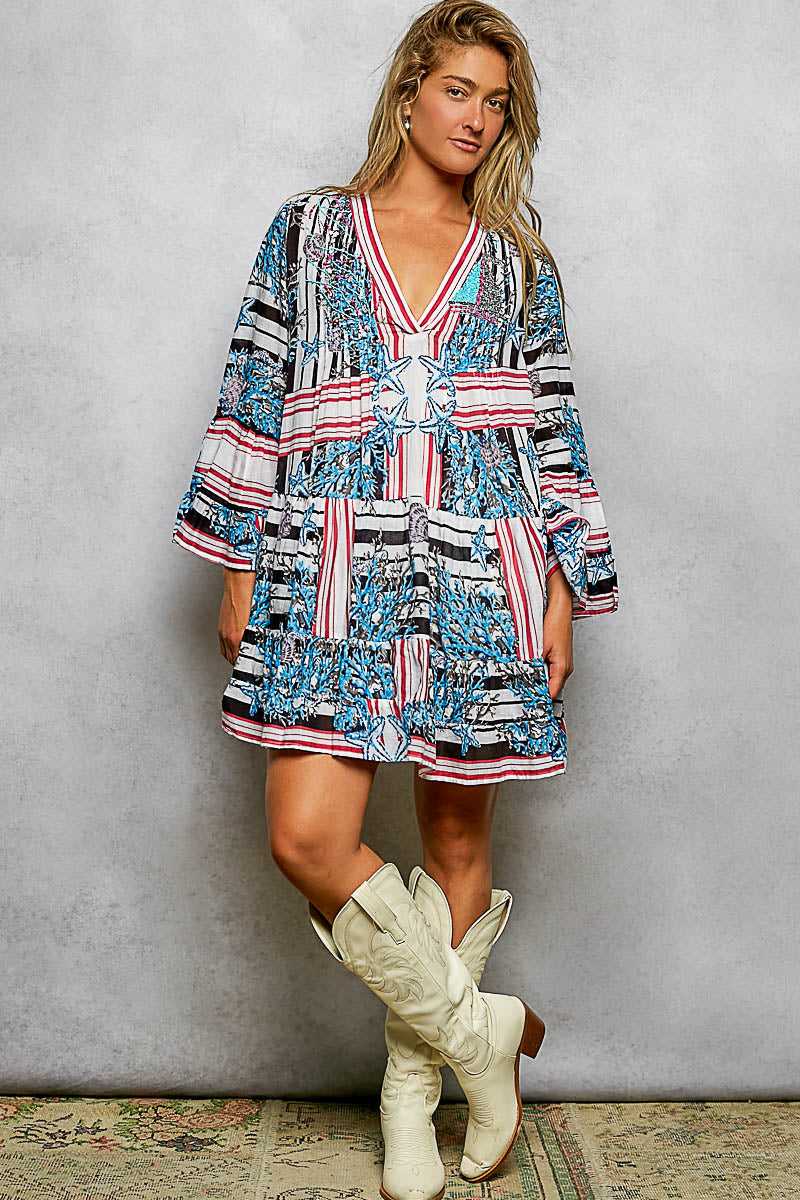 POL Striped Floral Long Sleeve Mini Dress with Pintuck Detail 100100459401126 52 Affordable Fashion Under $100 Jerry's Apparel 