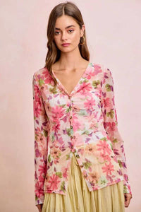 BiBi Floral Shrried Detail Button Up Mesh Cardigan Top 100100970651175 39 Gifts for Her Jerry's Apparel 