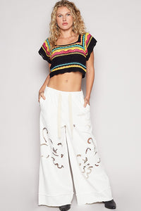 POL Openwork Ethnic Pattern Square Neck Cropped Knit Top