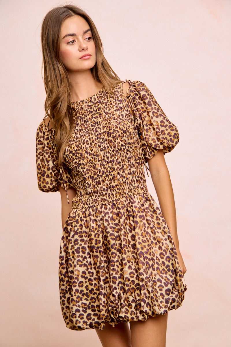 BiBi Leopard Bow Tie Attachable Puff Sleeves Dress 100100826881615 62 Affordable Fashion Under $100 Jerry's Apparel 