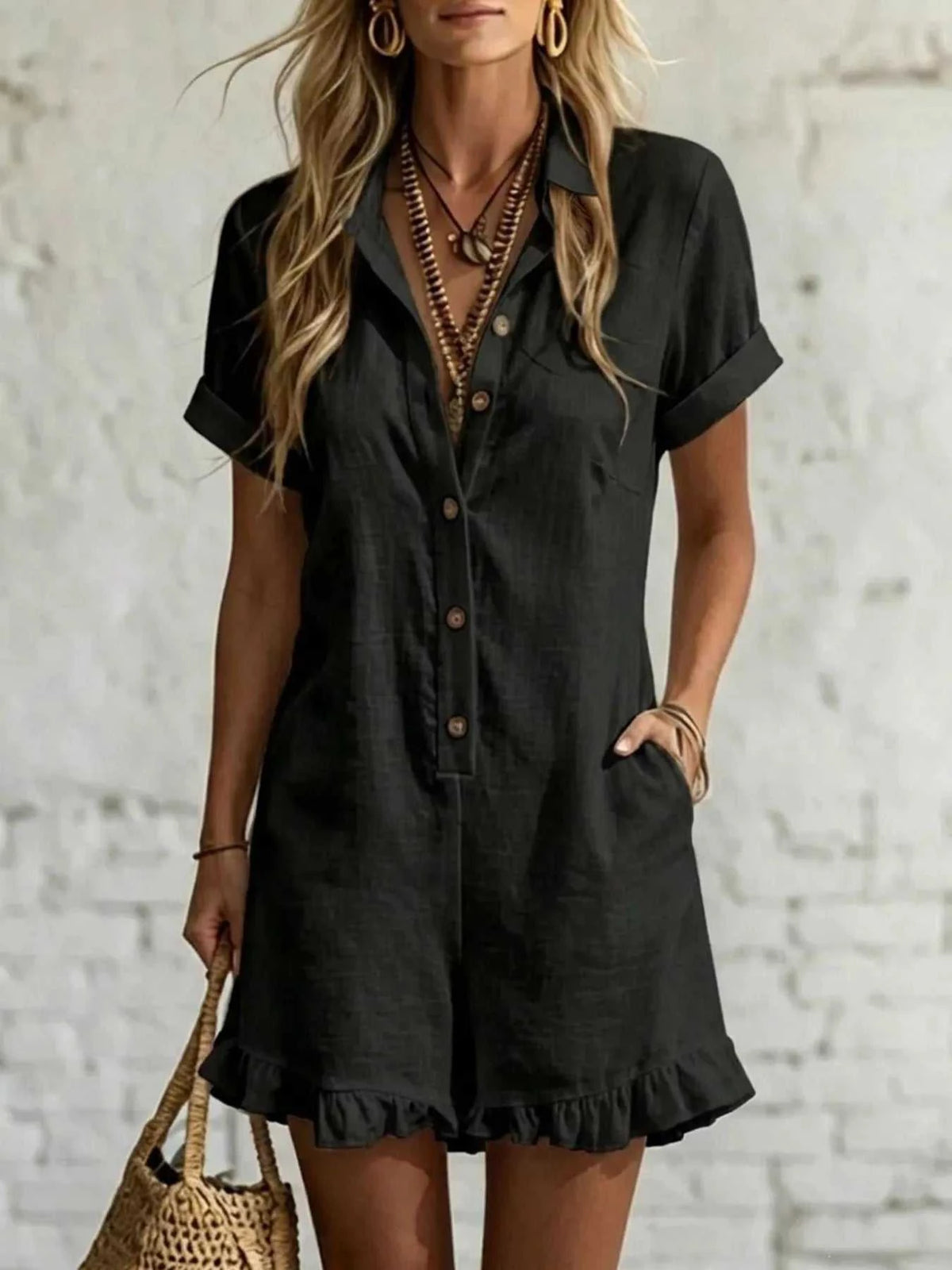 Full Size Button Front Ruffled Hem Romper Plus Size 100100561928017 28 Affordable Fashion Under $100 Jerry's Apparel 