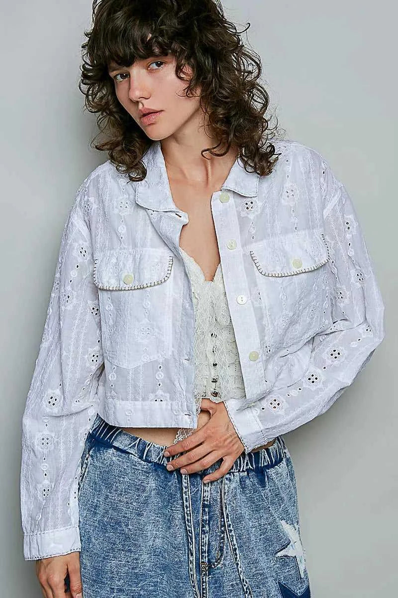 POL Eyelet Textured Cotton Cropped Button Front Jacket 100100580841554 66 Affordable Fashion Under $100 Jerry's Apparel 
