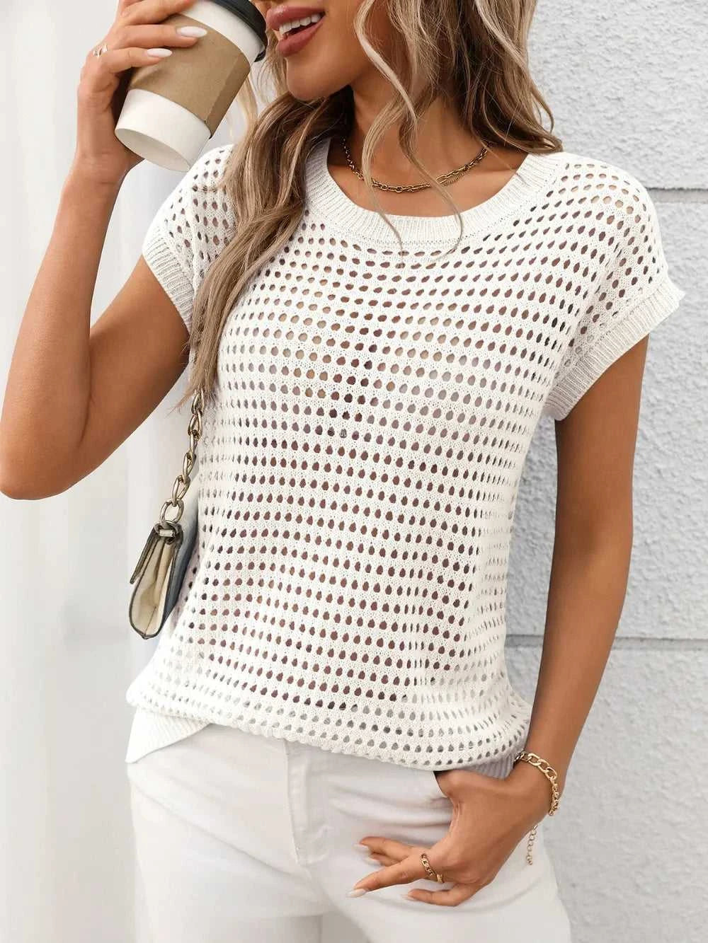 Openwork Round Neck Short Sleeve Knit Cover Up 100100244781953 22 Affordable Fashion Under $100 Jerry's Apparel 