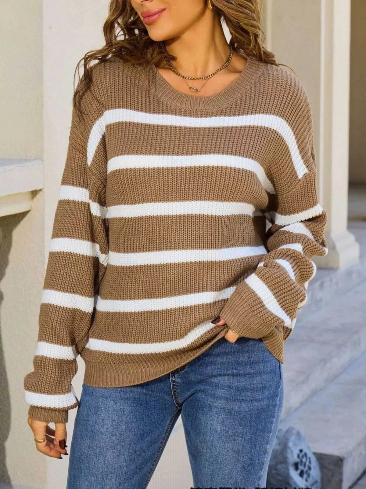 Striped Round Neck Dropped Shoulder Sweater 100100625774845 43 Affordable Fashion Under $100 Jerry's Apparel 