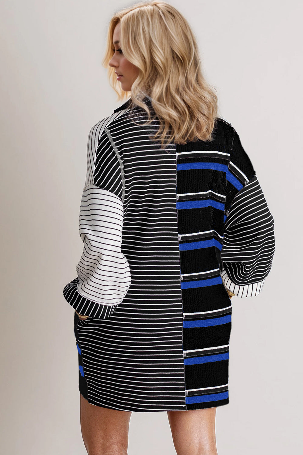 Oh Full Size Striped Half Button Long Sleeve Mini Dress