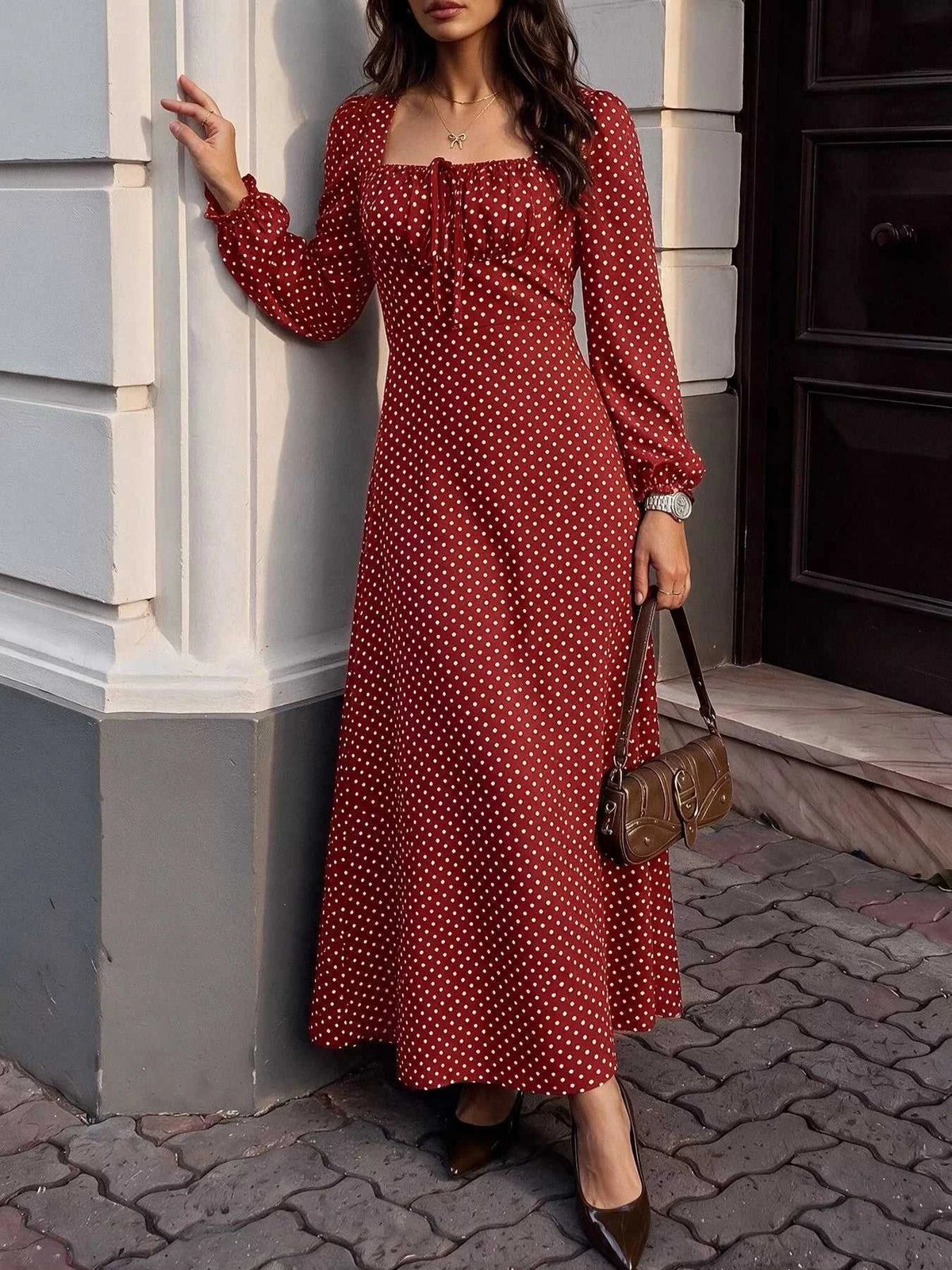 Square Neck Polka Dot Long Sleeve Maxi Dress 101001463928082 48 Affordable Fashion Under $100 Jerry's Apparel 