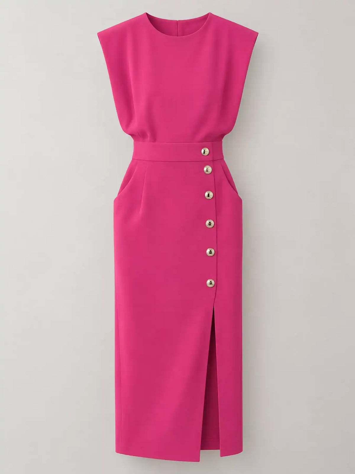 Sleeveless Midi Dress with Gold Button Detail and Side Slit 101001590890082 42 Affordable Fashion Under $100 Jerry's Apparel 