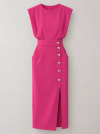 Sleeveless Midi Dress with Gold Button Detail and Side Slit 101001590890082 42 Affordable Fashion Under $100 Jerry's Apparel 