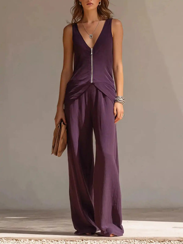 Full Size Zipper Front Tank and Wide-Leg Pants Set Plus Size 101001865169610 58 Women's Pants Set Gifts for Her Jerry's Apparel 