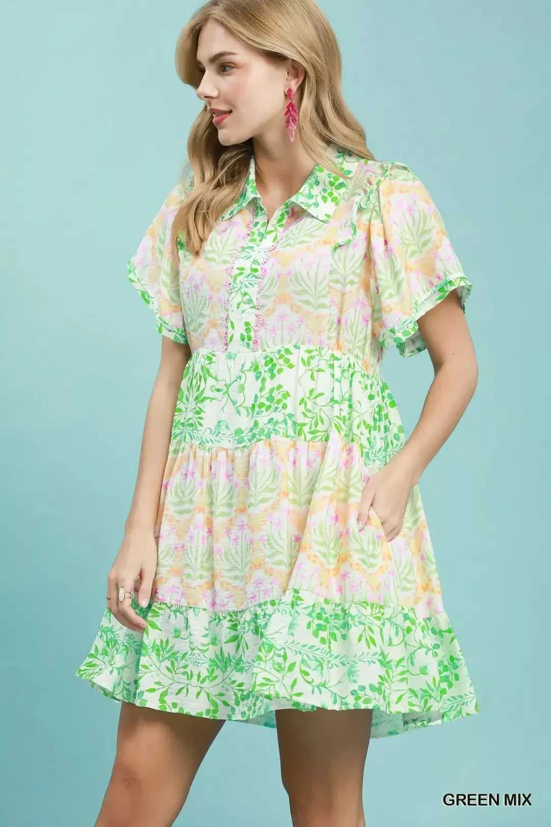 Umgee Mixed Floral Tiered Mini Dress with Flutter Sleeves 100100522441474 66 Affordable Fashion Under $100 Jerry's Apparel 