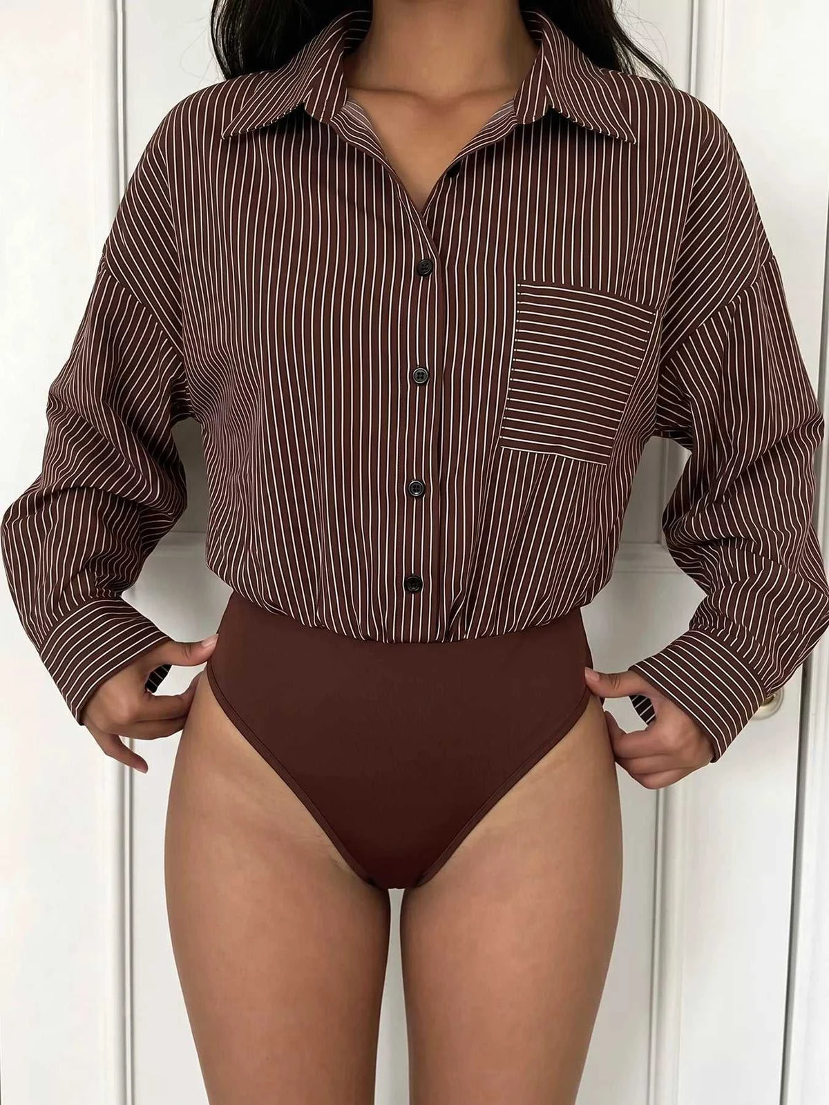 Striped Button-Up Bodysuit 100100357663685 34 Affordable Fashion Under $100 Jerry's Apparel 