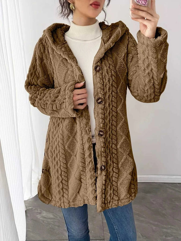 Full Size Button-Down Hooded Outerwear Plus Size