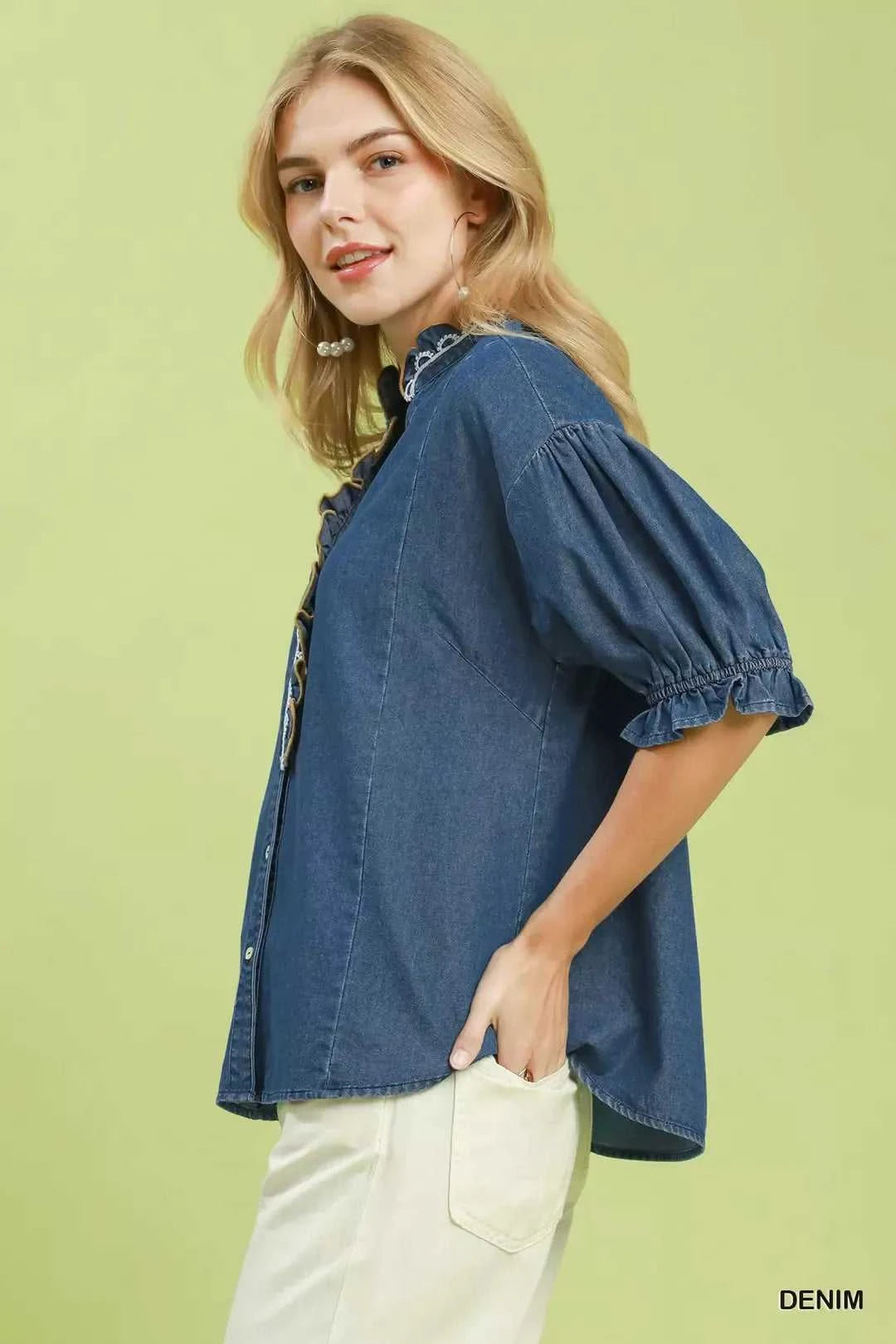 Umgee Chambray Scalloped Trim Button Front Blouse 100100023281071 57 Affordable Fashion Under $100 Jerry's Apparel 
