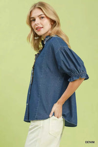 Umgee Chambray Scalloped Trim Button Front Blouse 100100023281071 57 Affordable Fashion Under $100 Jerry's Apparel 