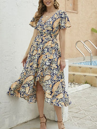 Floral Print Short Sleeve Wrap Midi Dress