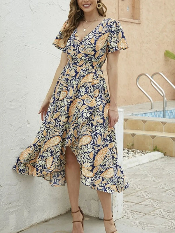 Floral Print Short Sleeve Wrap Midi Dress