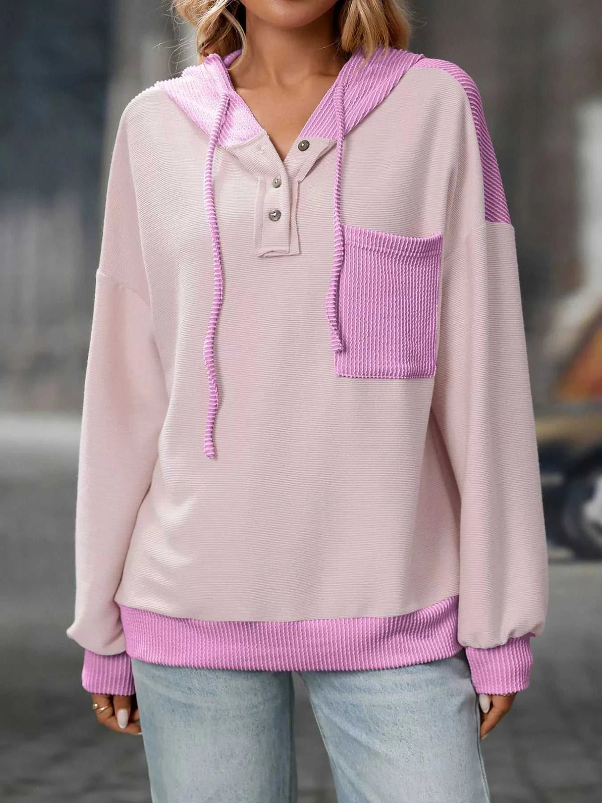 Casual Color Block Button Detail Hoodie 100100649841441 43 Affordable Fashion Under $100 Jerry's Apparel 