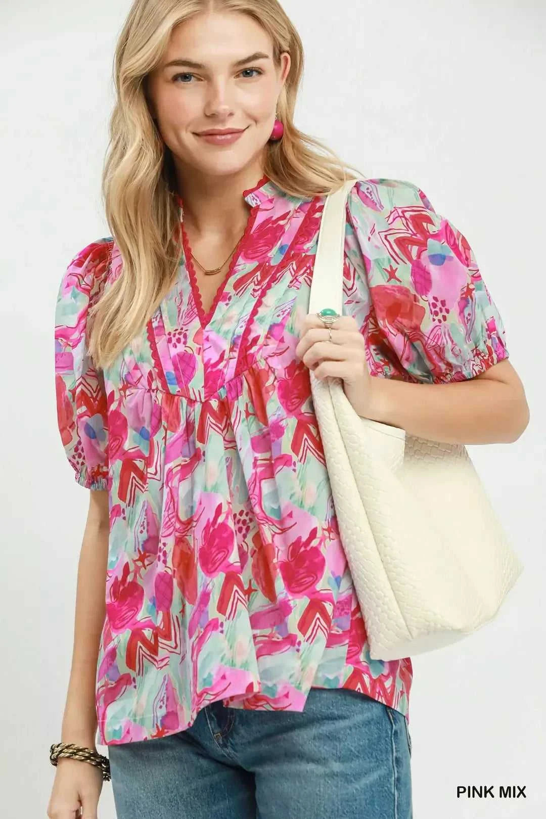Umgee Abstract Print Puff Sleeve Top 100100861011414 53 Affordable Fashion Under $100 Jerry's Apparel 