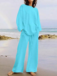 Full Size Round Neck Top and Drawstring Wide-Leg Pants Set Plus Size 101001726920137 48 Gifts for Her Jerry's Apparel 