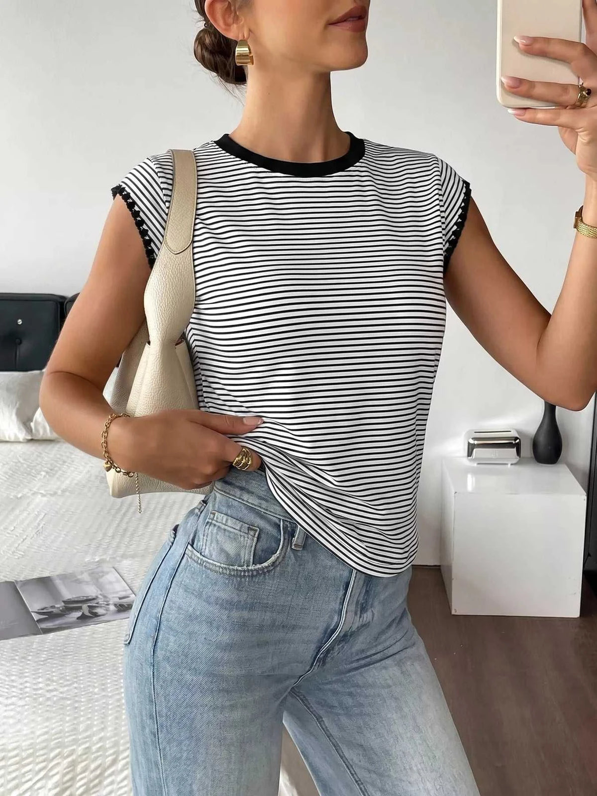 Classic Striped Crew Neck T-Shirt 100100609256431 26 Women's T-shirts Affordable Fashion Under $100 Jerry's Apparel 