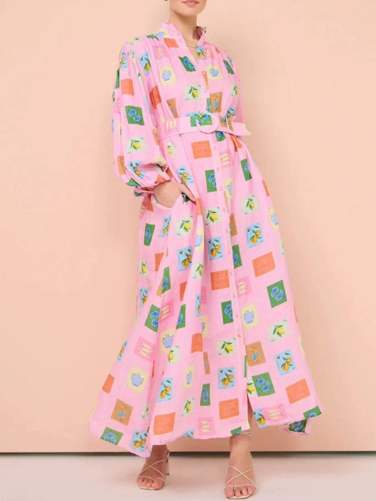 Printed Button Front Long Sleeve Shirt Dress