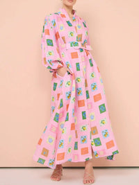 Printed Button Front Long Sleeve Shirt Dress