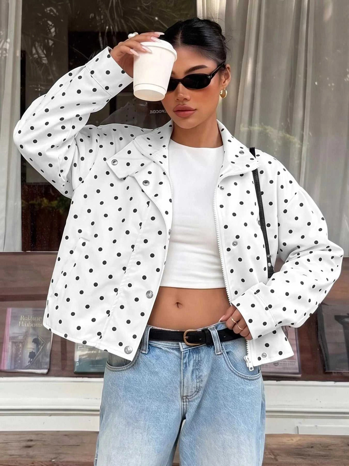 Polka Dot Zip Up Cropped Jacket 100100822180695 55 Affordable Fashion Under $100 Jerry's Apparel 