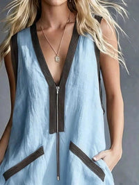 V-Neck Zipper Front Romper with Contrast Trim 100100294902441 37 Women's Romper Affordable Fashion Under $100 Jerry's Apparel 