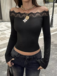 Off-Shoulder Lace Trim Long Sleeve T-Shirt 101001817715532 36 Affordable Fashion Under $100 Jerry's Apparel 