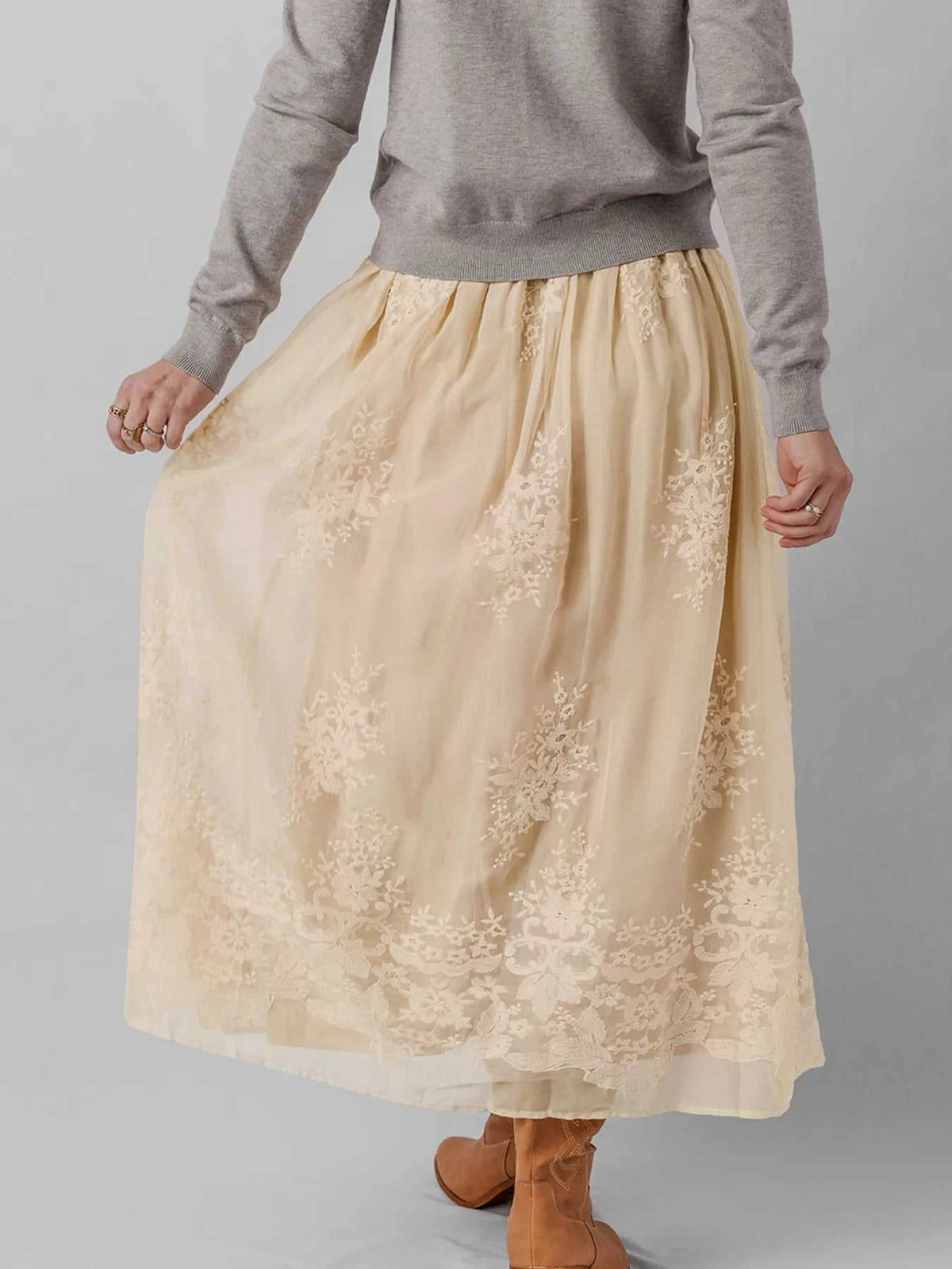 Embroidered Mesh Overlay Flowy Midi Skirt 100100602530081 64 Affordable Fashion Under $100 Jerry's Apparel 
