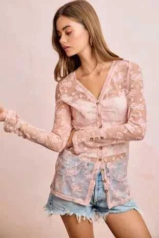 BiBi Bow Pattern Shrried V-neck Mesh Cardigan Top 100100638301325 44 Affordable Fashion Under $100 Jerry's Apparel 