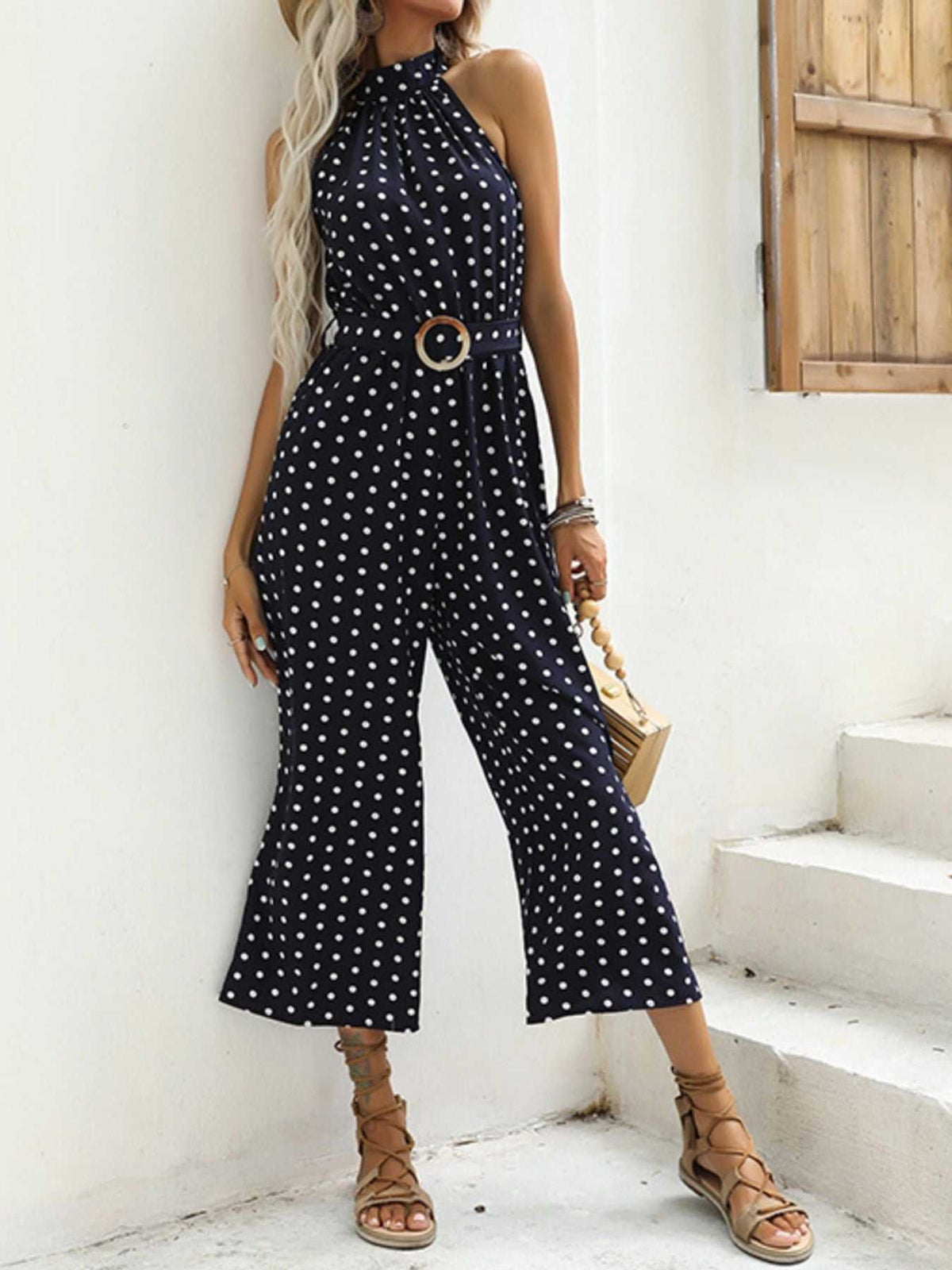 Polka Dot Halter Neck Wide Leg Jumpsuit 100100526983113 42 Affordable Fashion Under $100 Jerry's Apparel 