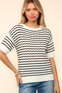 Haptics Openwork Striped Round Neck Half Sleeve Knit Top