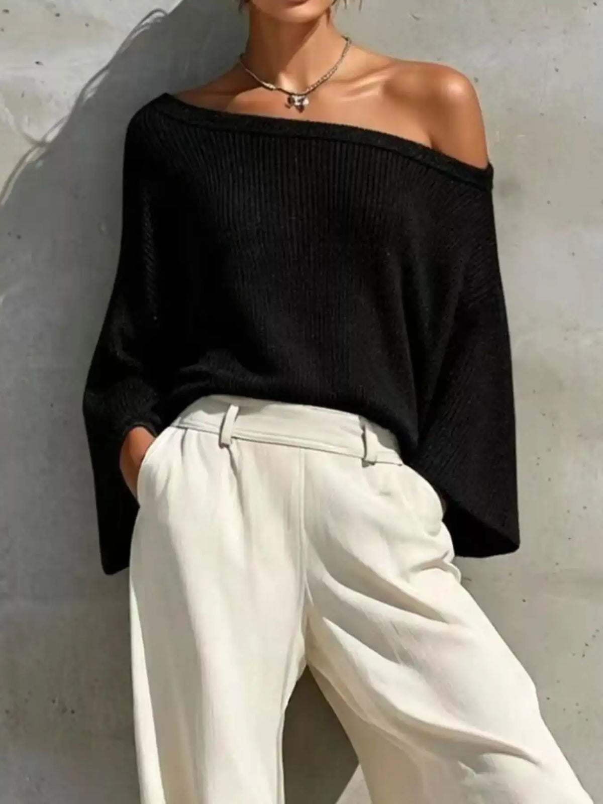 One-Shoulder Knit Top and High-Waisted Pants Set 101001302987869 58 Women's Pants Set Gifts for Her Jerry's Apparel 